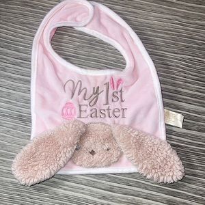 My first easter baby girl bib pink with brown fluffy bunny with floppy ears
